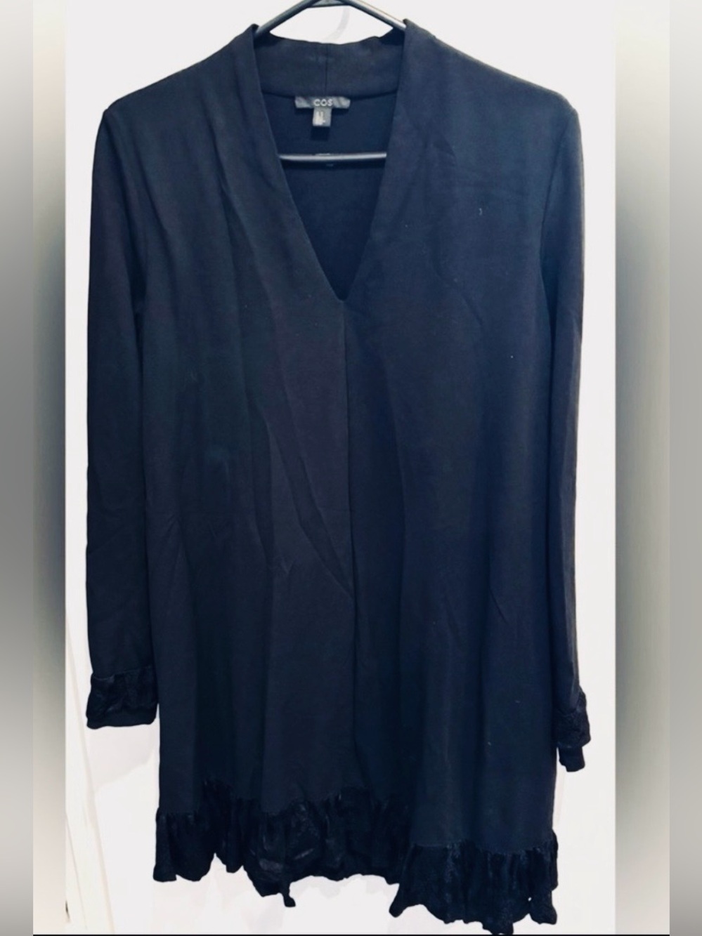 COS ruffle hem lyocell mini tunic shift dress black party office jacquard chic M